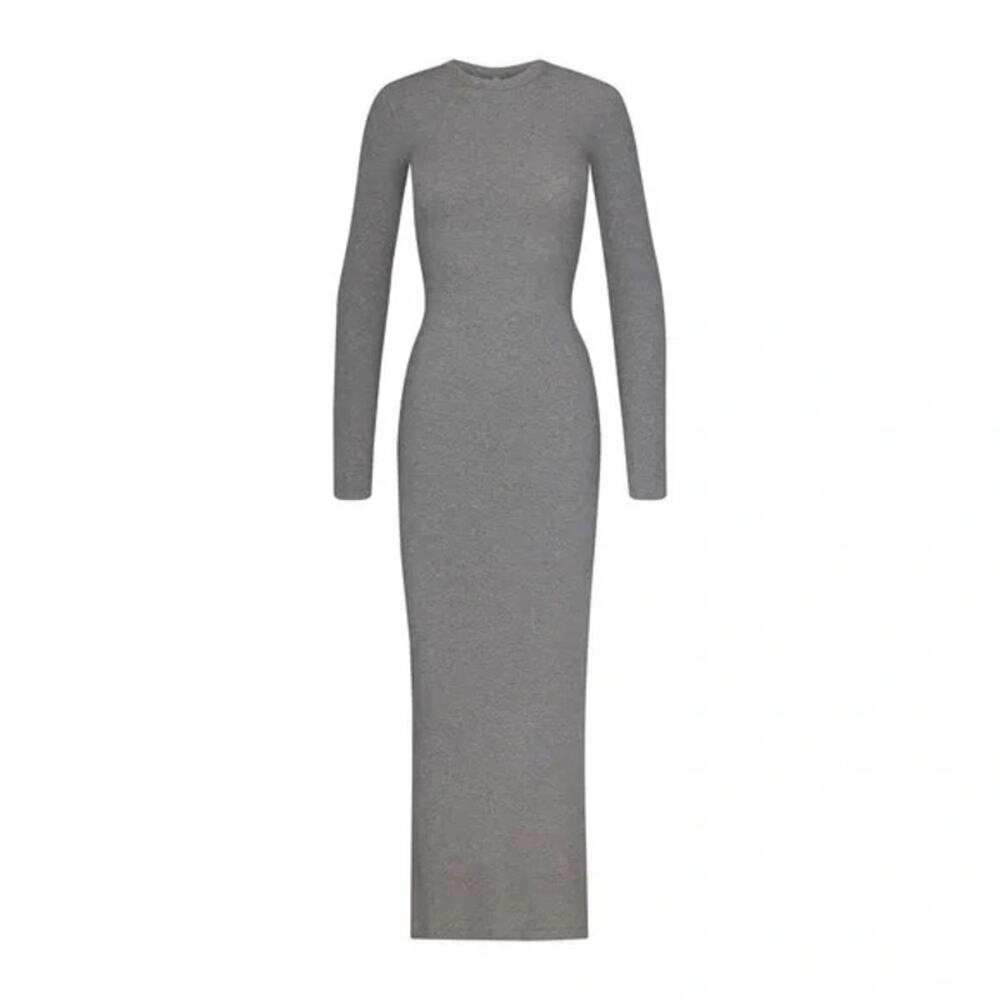 Skims Soft Lounge Crewneck Long Sleeve Maxi Dress XS Heather Gray RARE